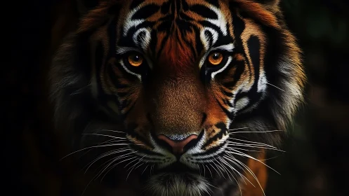 Intense tiger portrait emerges from shadow with burning gaze