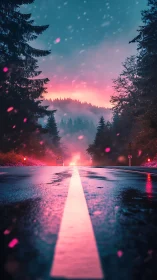Neon-lit forest road glows beneath a vivid dreamlike sunset