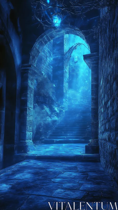 Stone passageway and stairwell are illuminated by blue light