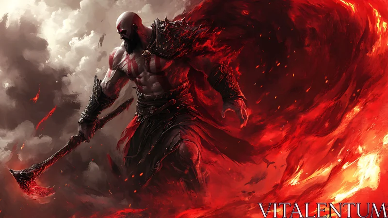 Volcanic warlord in turbulent chromatic flame vortex.