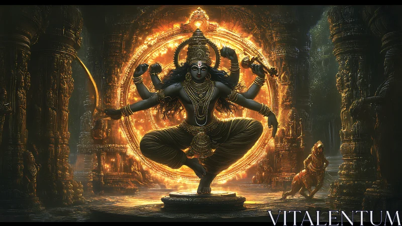 Cosmic dancer ignites a golden storm within temple shadows.