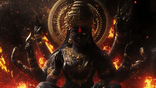 Multi-armed goddess rendered in fiery high-contrast digital realism