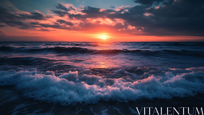 Vibrant ocean sunset over crashing shoreline waves.