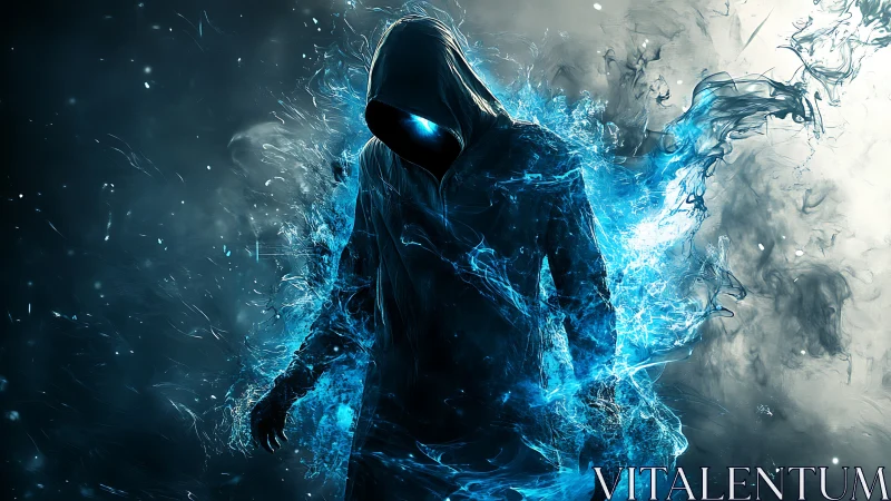 Hooded spectral figure engulfed in electric blue energy surge.