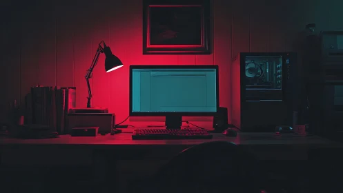 Minimal desktop workspace under red lamp light at night.