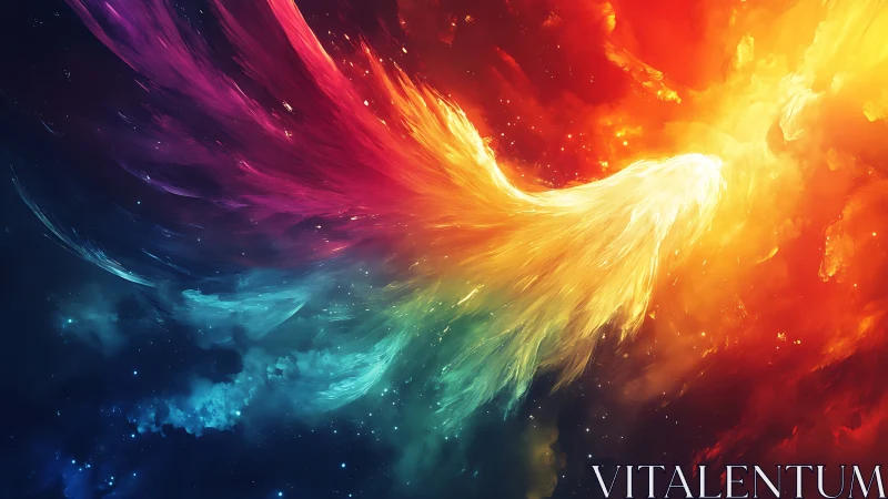 Celestial rainbow phoenix emerging from vibrant cosmic fire.