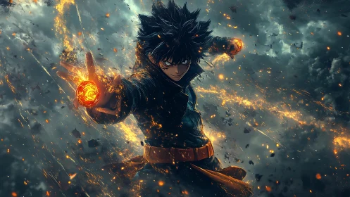 Storm-eyed firecaster hurls molten power through dusk skies.