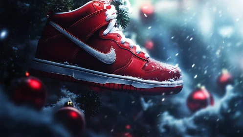 Snow-dusted red sneaker glides through glowing holiday frost.