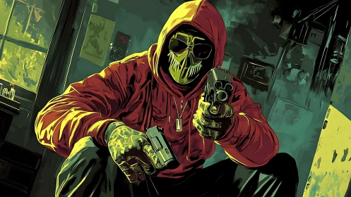 Hooded masked gunman crouches indoors with dual pistols drawn