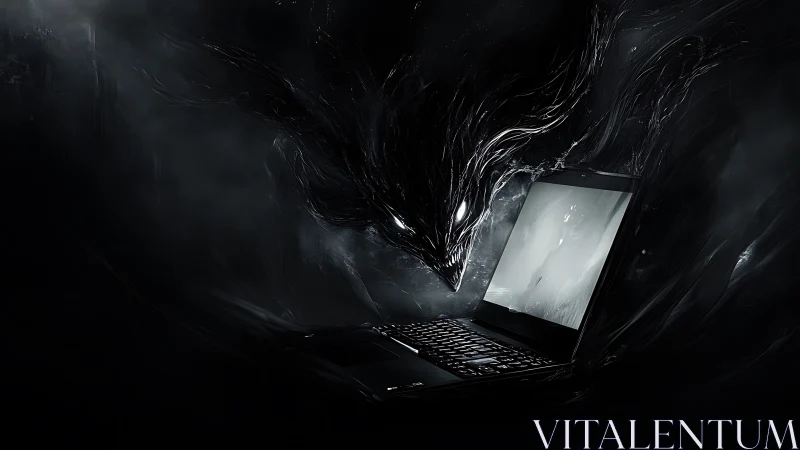 Liquid-shadow specter slips from a glowing laptop portal