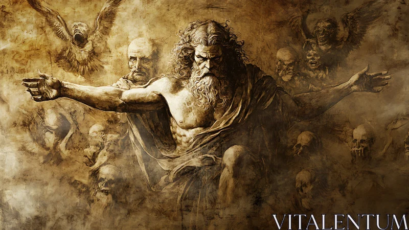 Elderly bearded figure extends arms amid skulls and spirits