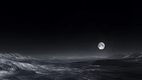 Moonlit crater plain extends under stark black sky