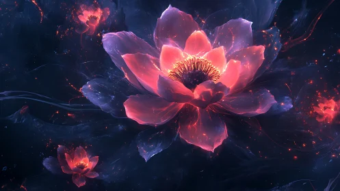 Glowing cosmic lotus blossoms on deep blue abstract field.