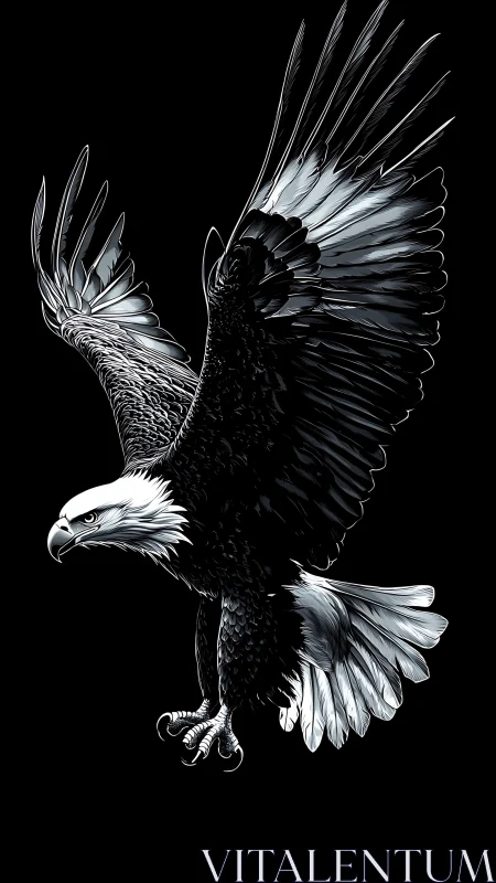 Monochrome digital painting of a descending bald eagle poised.