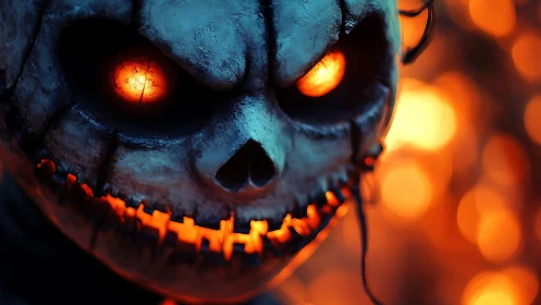 Incandescent jack o lantern skull closeup with molten core glow
