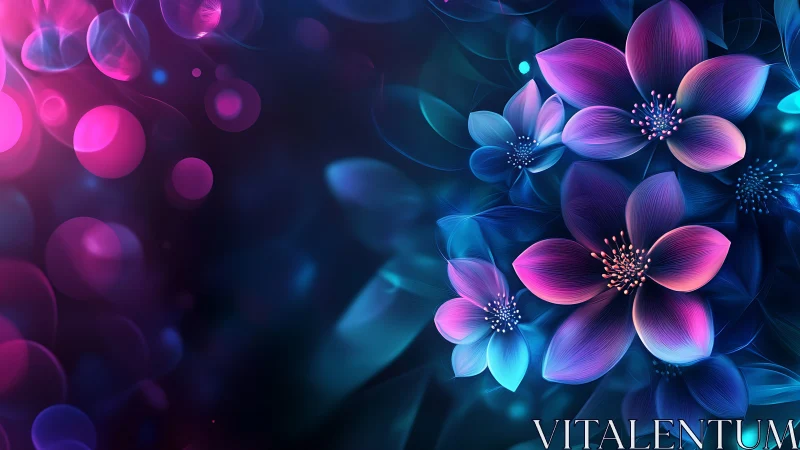 Neon Digital Flowers with Glowing Bokeh Background