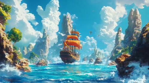 Sailing ship between rocky sea cliffs under bright daylight.