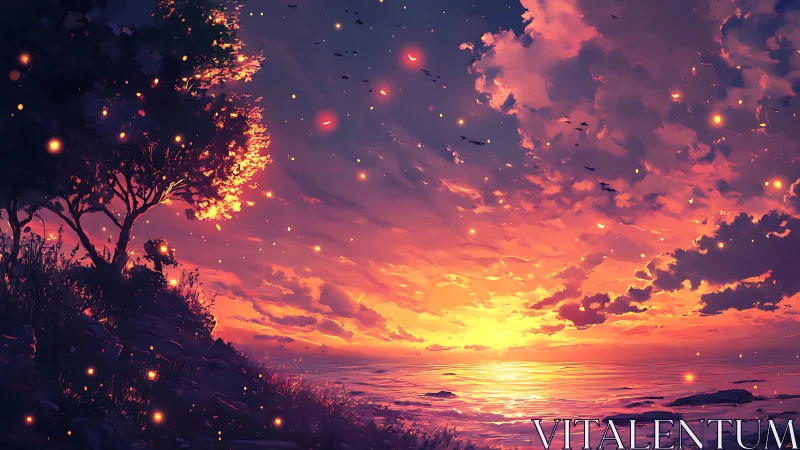 Firefly dusk over a glowing shoreline of quiet wonder.