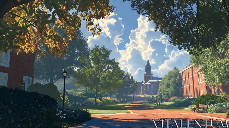 Sunlit college quad walkway leads toward distant clock tower