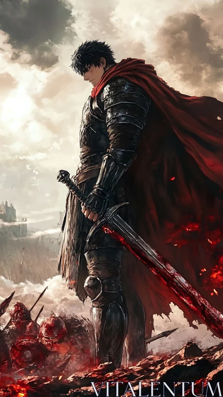 Armored warrior with bloodlit sword amid smoldering battlefield.