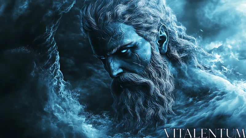 Mythic bearded male figure emerging from turbulent clouds.