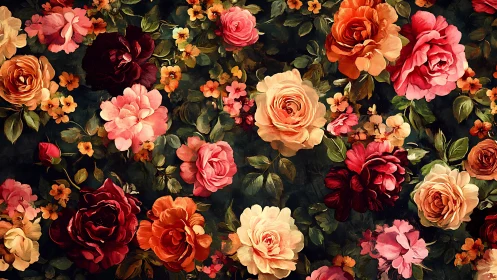 Floral composition with roses and secondary blooms on dark background