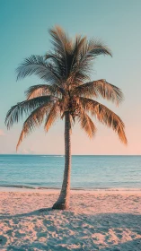 Solitary Palm Against Twilight Ocean Horizon.