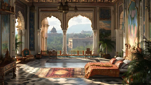 Ornate palace bedroom interior with arches and city view.