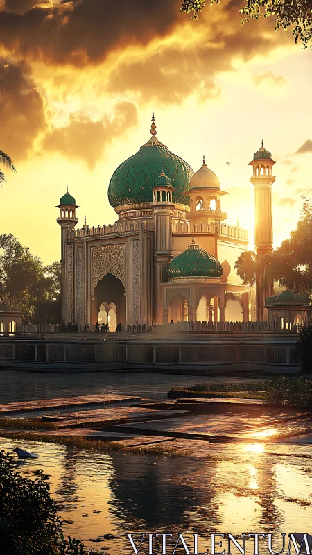 Riverside domed palace structure at low sun angle period.