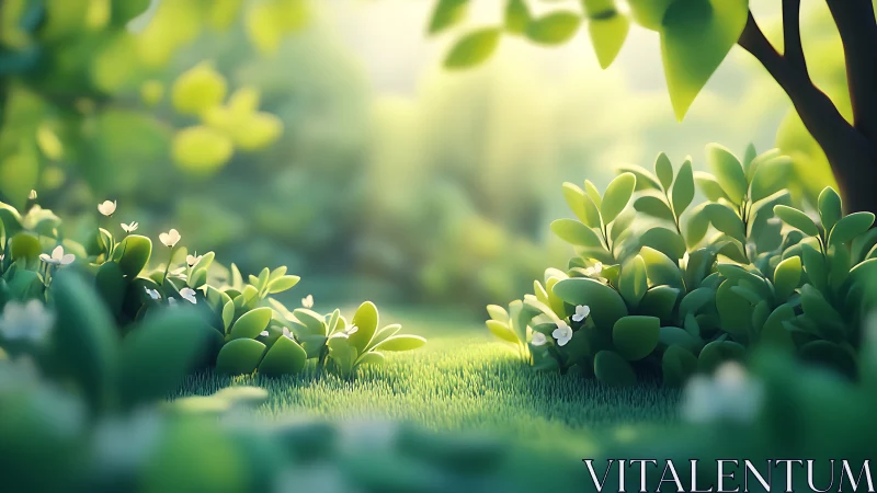 Sunlit Garden Path Through Verdant Foliage.