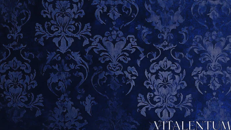 Ornate navy damask wallpaper reveals tonal jacquard texture