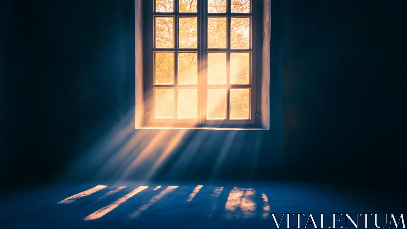 Golden sunrise light pours through an old paneled window.