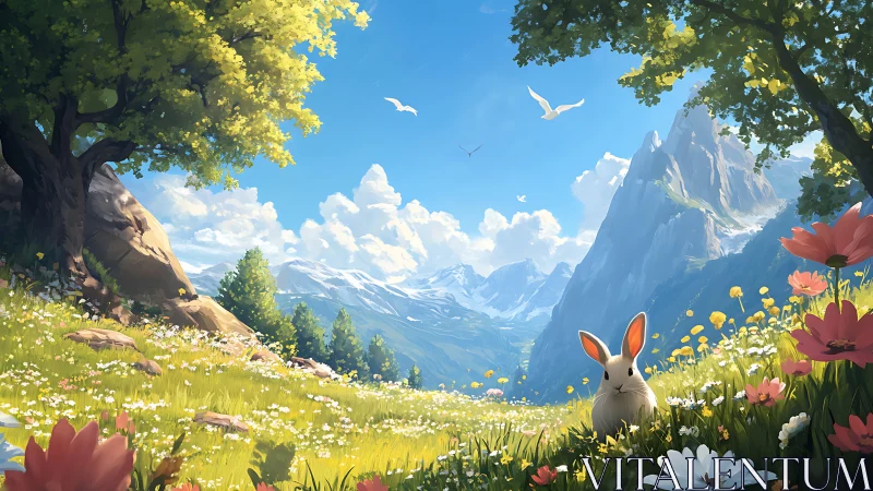 Sunlit bunny council in a wildflower mountain daydream.