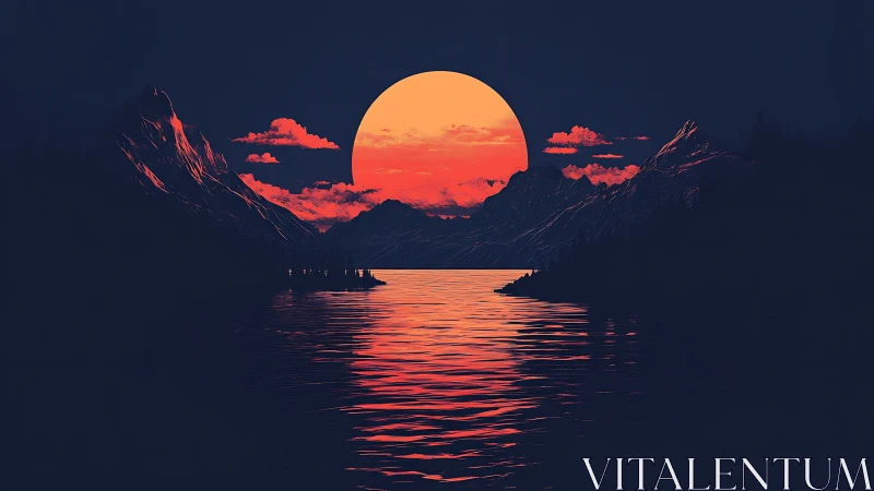 Chromatic eclipse over alpine lake with high-contrast reflections.