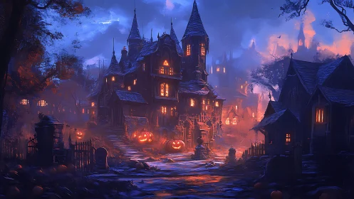 Haunted hill manor glows with carved pumpkin lanterns.