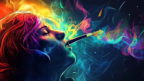 Profile view of person exhaling multicolored digital smoke.