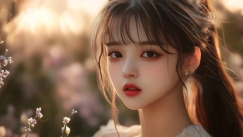 Soft-focus portrait of stylized young woman in warm bokeh field