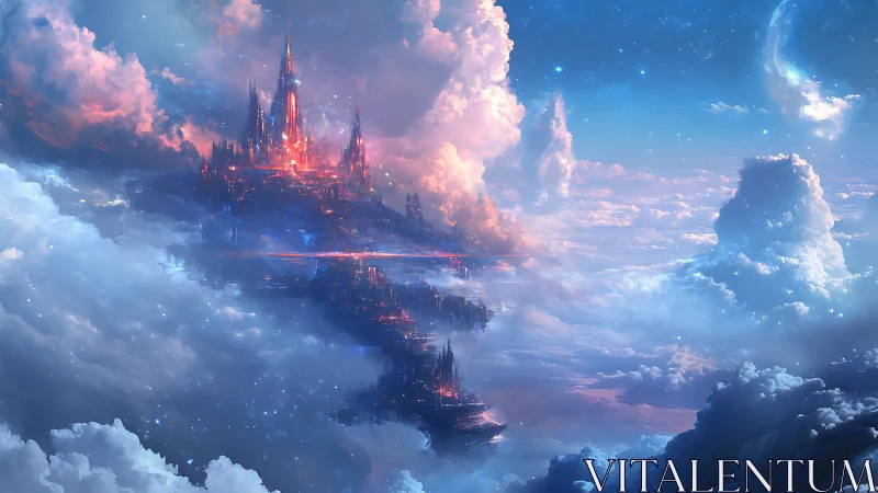 Starlit sky kingdom drifting gently through cotton clouds.