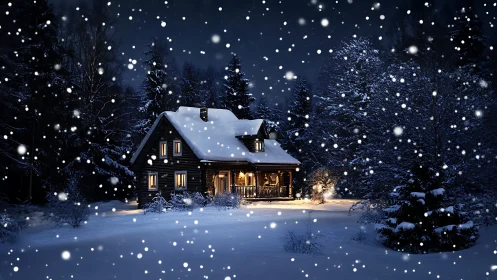 Snowfall envelops illuminated cabin amid dense winter forest.