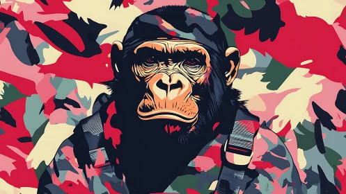 Camouflage-patterned chimpanzee portrait in flat vector style.