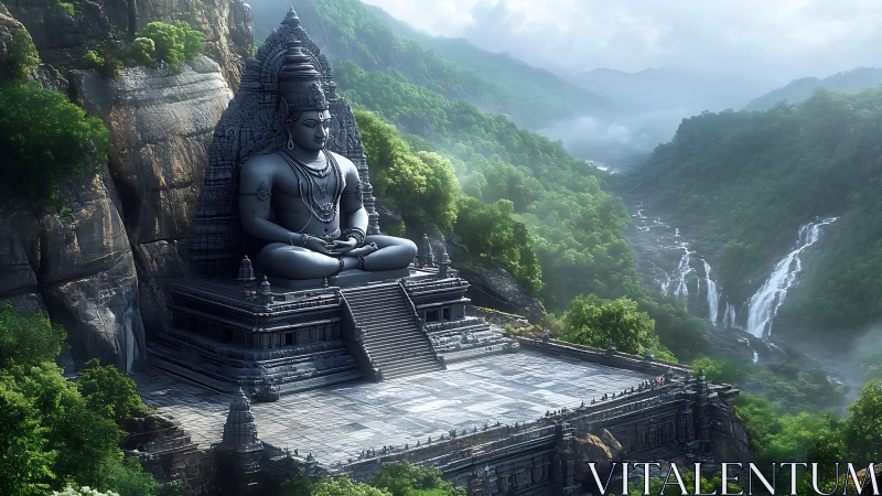 Colossal mountain-side deity complex in misted river valley.