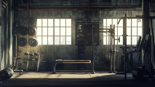 Sunlit industrial weight room stands quiet and focused.