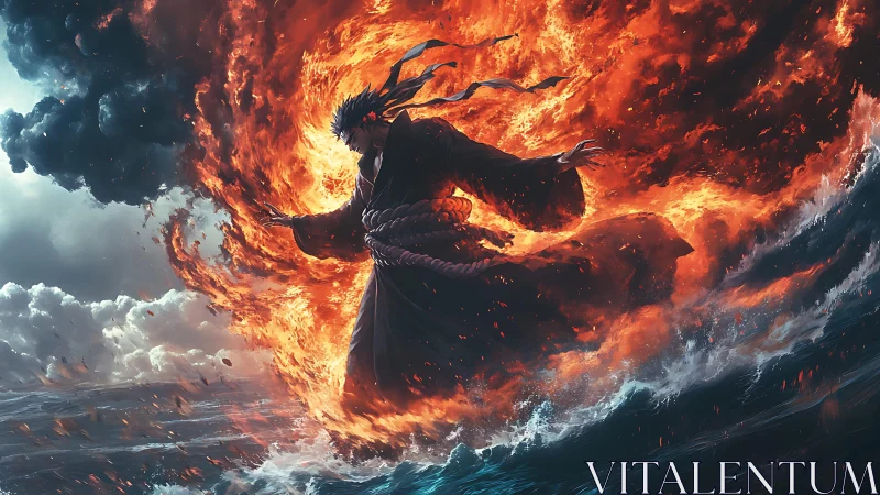 Fire-cloaked warrior strides through crashing storm waves