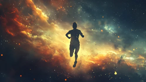 Starlit runner moves forward through glowing cosmic clouds