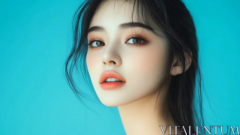 Digital portrait of young woman against bright cyan background.