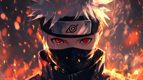Masked anime warrior in frontal close-up amid dynamic embers