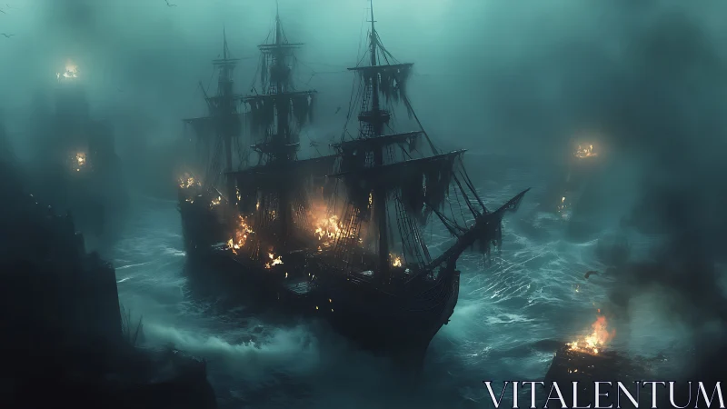 Fiery ghost ship glides through stormy fog and restless sea