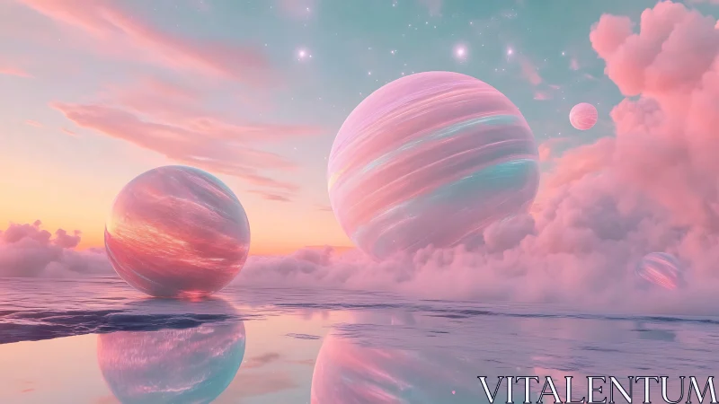 Candy cloud planets drifting above a pastel dream sea.