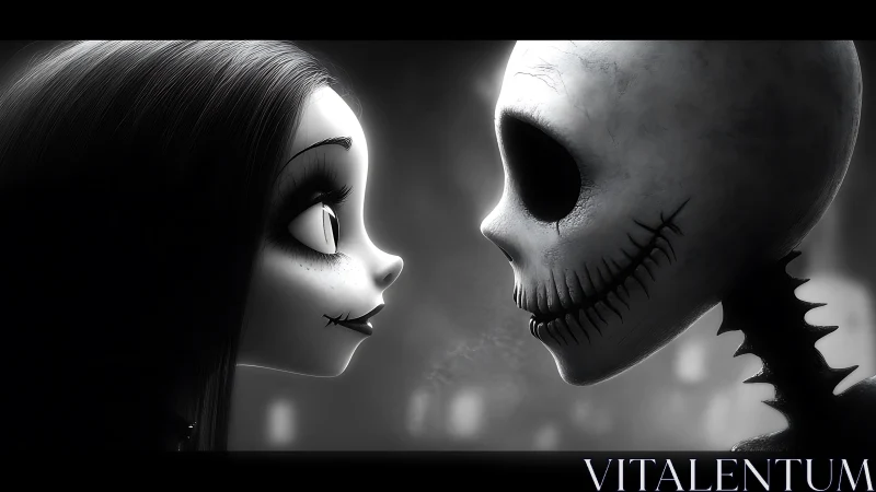 Skeletal Embrace: Gothic Encounter in Monochrome.