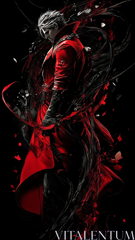 Scarlet warrior engulfed in swirling black energy shards.